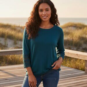 Talbots S Sweater Teal Blue Lace Crochet Boho Cottage Coquette Coastal Indie